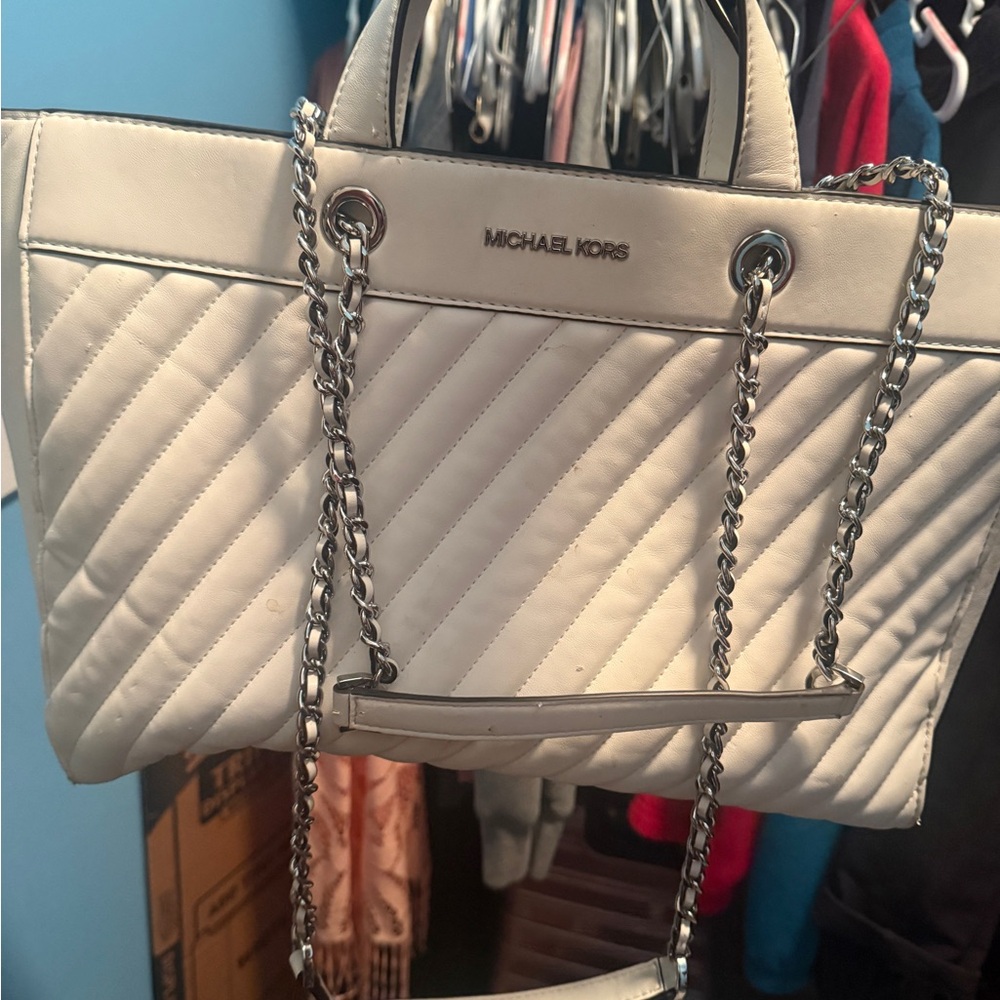 Michael Kors Cream Quilted Tote with Chain Straps